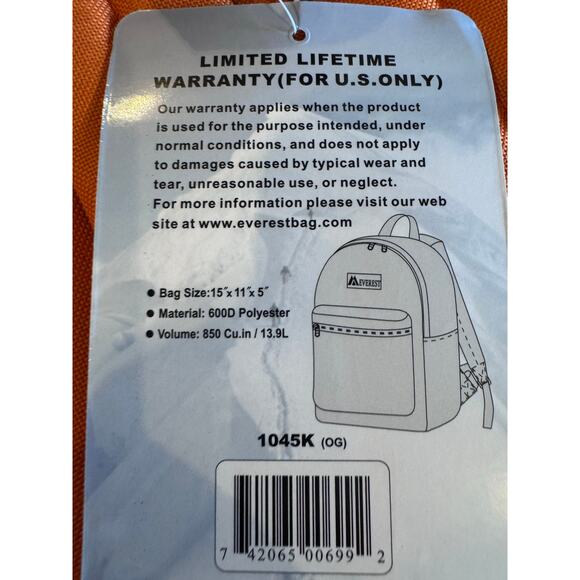 Everest Basic Backpack, Orange, One Size High Visibility - Picture 8 of 9